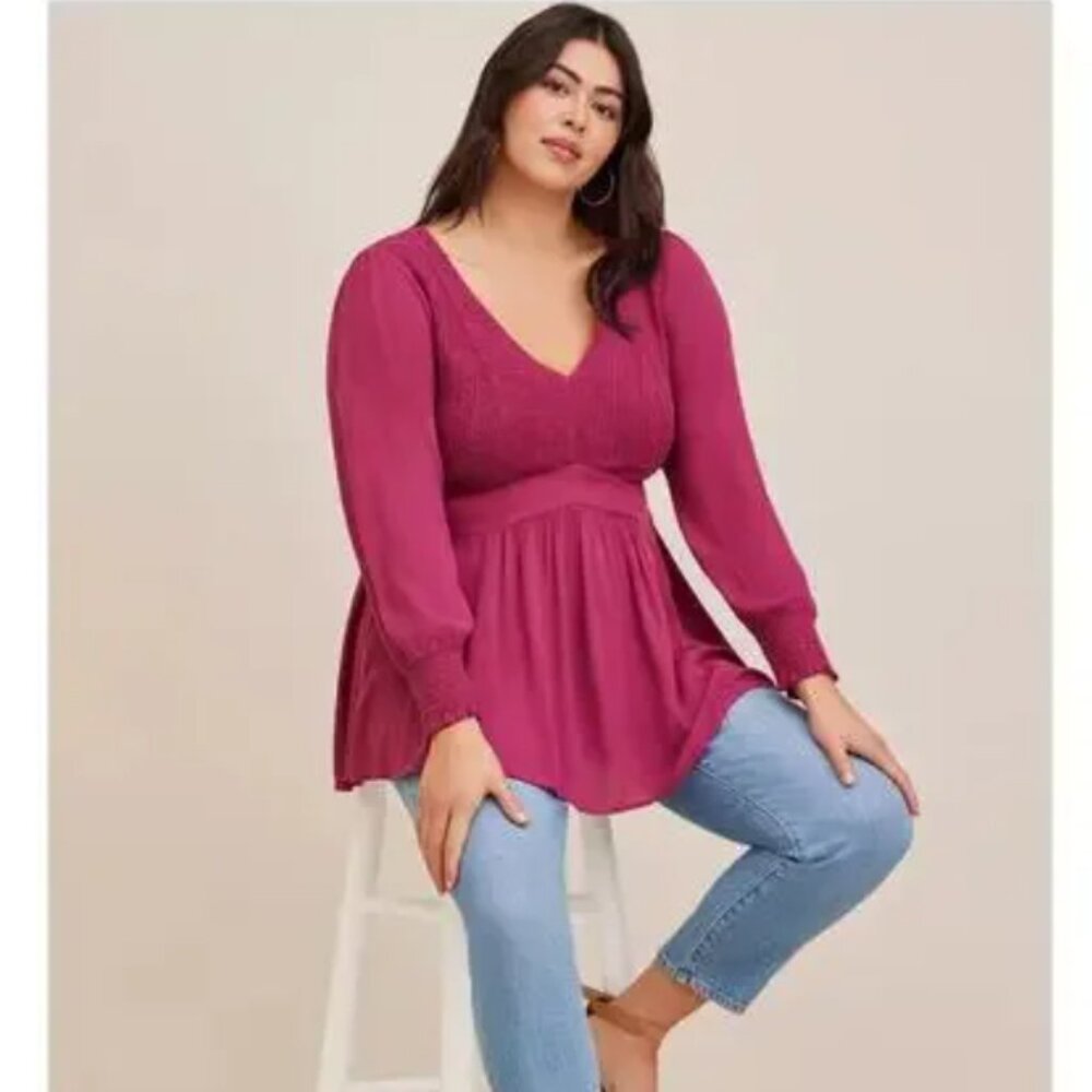 Torrid Pink Magenta V Neck Smocked Long Sleeve Casual Top size 2X